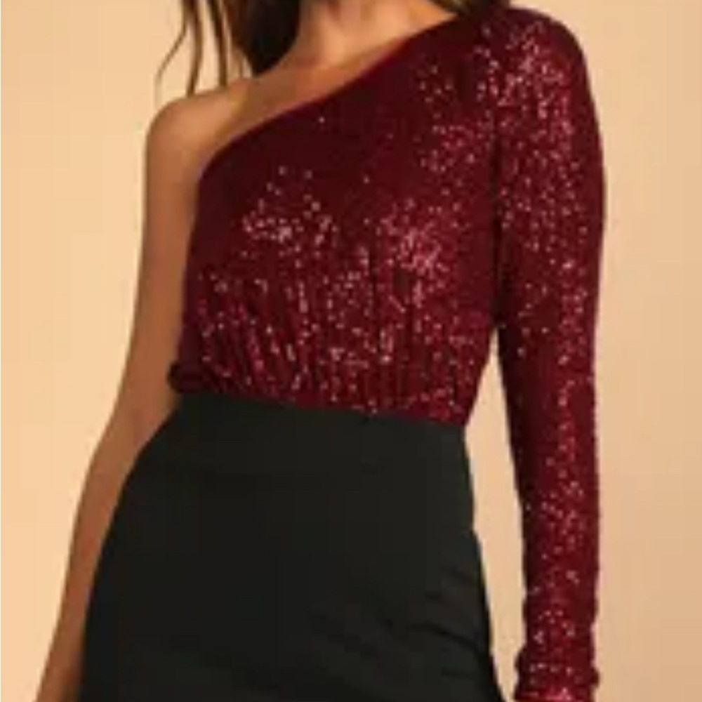 Lulu's Wine Red  Sequin One-Shoulder Bodysuit